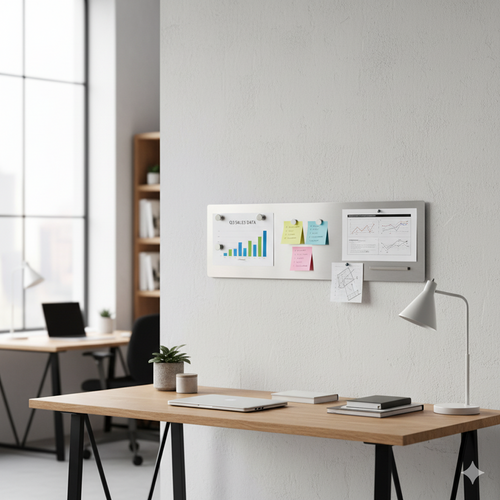 Custom-length floating magnetic stainless steel board by Fig & Forge mounted above a minimalist home office desk for organized task management