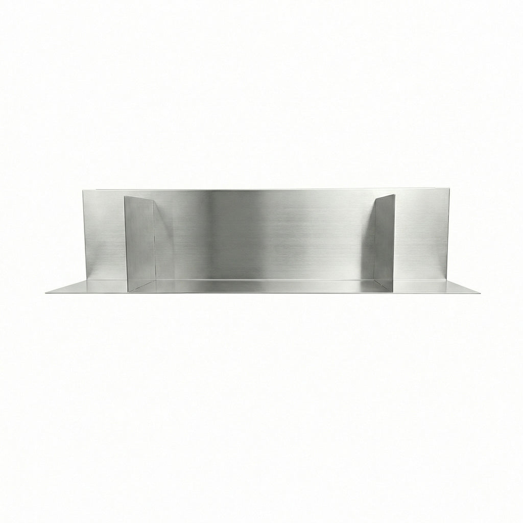 Symmetrical studio profile of a custom two-partition stainless steel floating shelf by Fig & Forge, precision-engineered for a perfect fit in any architectural space