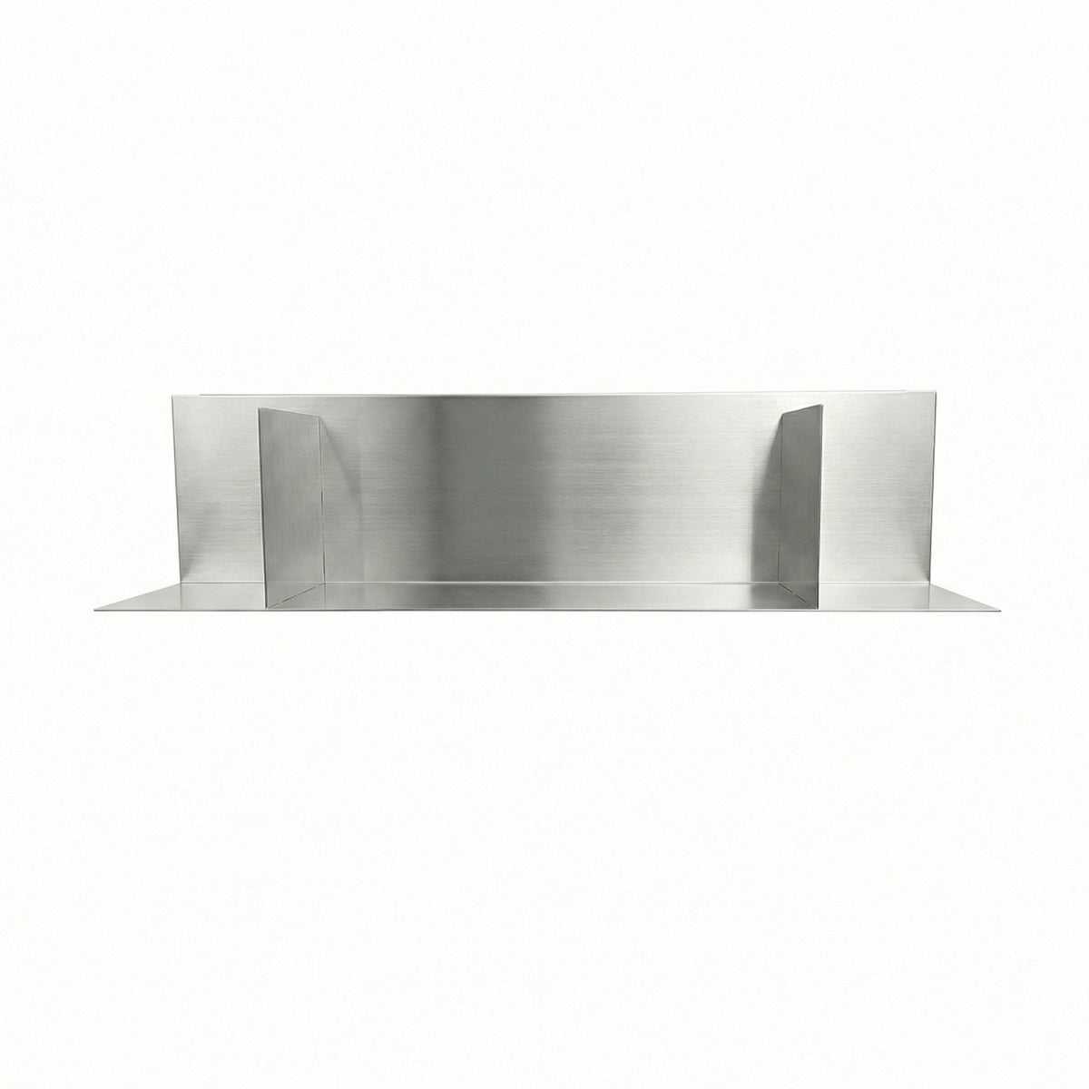 Symmetrical studio profile of a custom two-partition stainless steel floating shelf by Fig & Forge, precision-engineered for a perfect fit in any architectural space