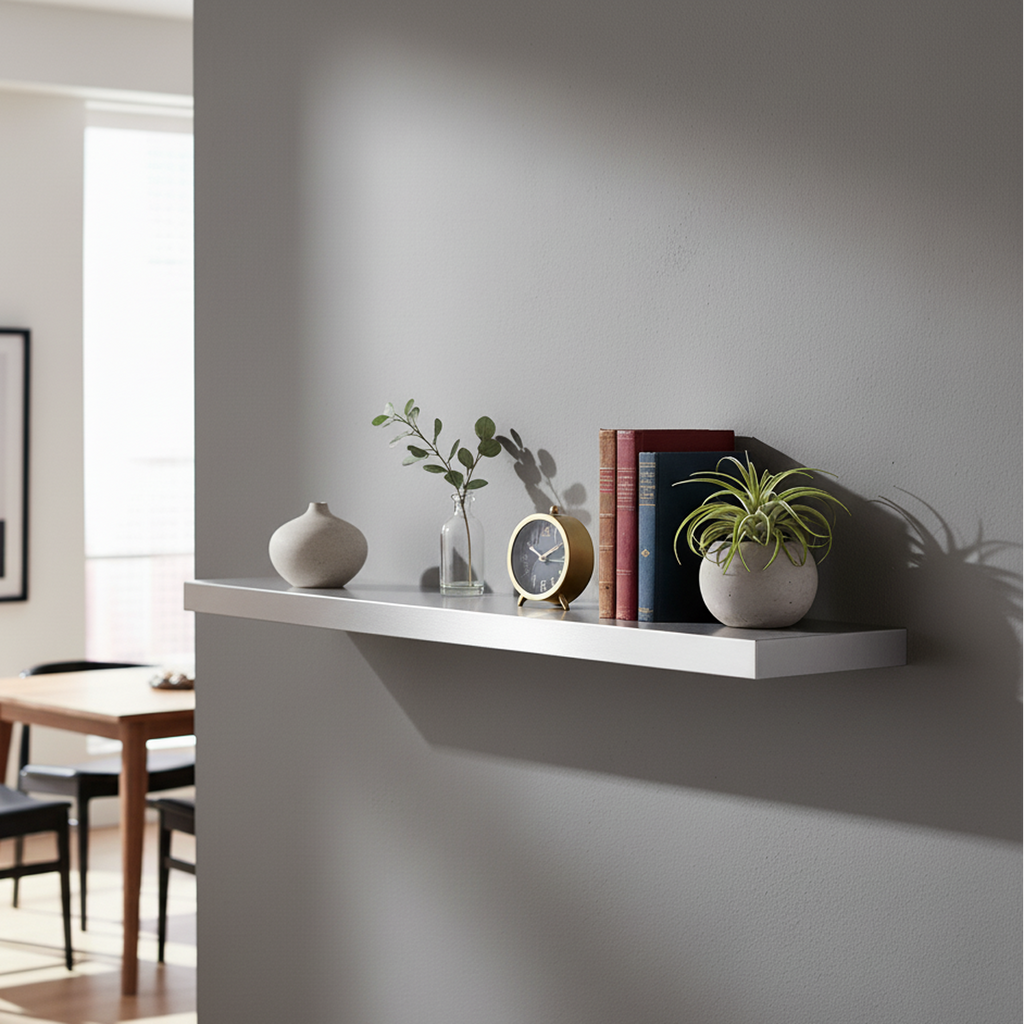 modern living room wall featuring decorative items and books placed on custom built stainless steel floating shelf by Fig & Forge