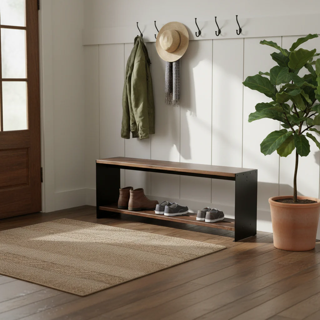 Custom mudroom bench by Fig & Forge designed to provide durable entryway storage in a specific custom length