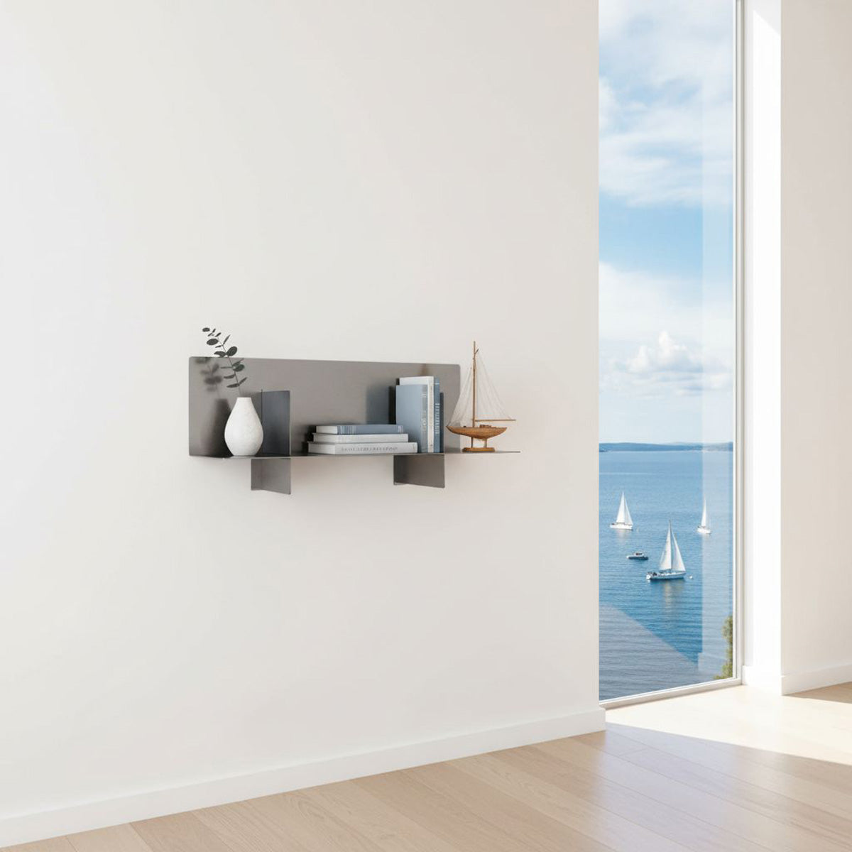 Architectural Axis stainless steel shelving by Fig & Forge installed in a modern coastal interior, showcasing the unique intersecting panel design and high-end finish