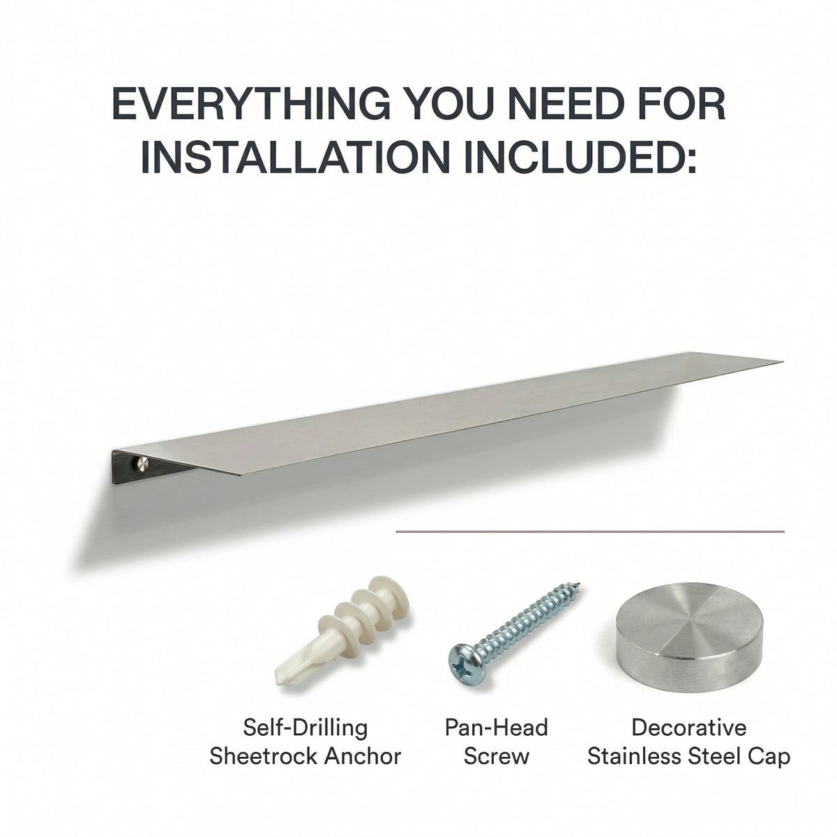 Complete installation hardware for Fig & Forge custom shelving including self-drilling anchors, pan-head screws, and decorative stainless steel caps