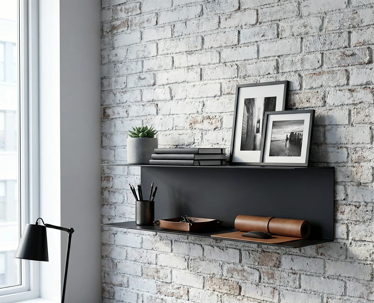 Matte black two-tier floating shelf by Fig & Forge mounted on a white brick wall, styled as a modern home office organizer for books and decor