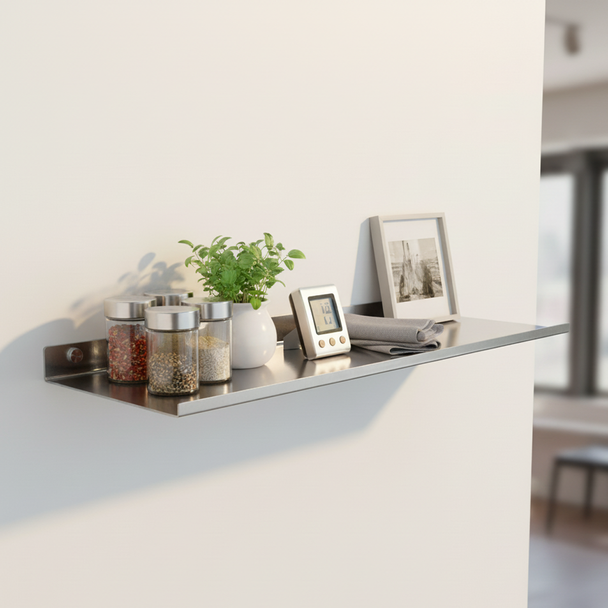 Handcrafted simple design stainless steel floating kitchen shelf by Fig & Forge used as a minimalist spice rack and herb display for modern culinary organization