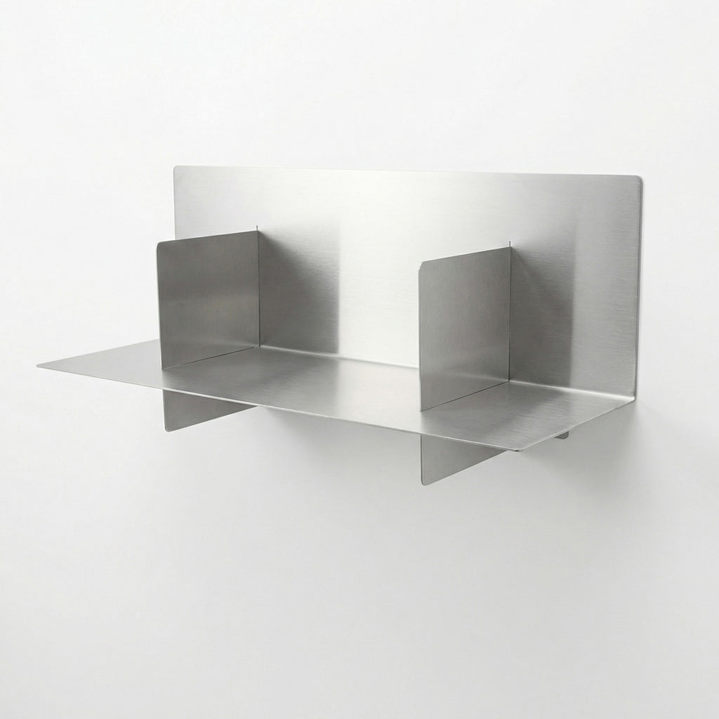 Bespoke Axis stainless steel floating shelf by Fig & Forge, highlighting the seamless structural joints and architectural-grade brushed metal construction