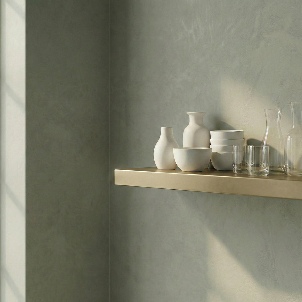 green textured wall featuring kitchen items placed on custom stainless steel floating shelf by Fig & Forge