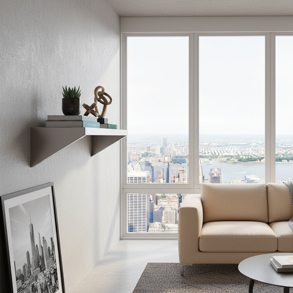 Precision-fit Vector shelf by Fig & Forge installed in a high-rise living room wall, showcasing the sleek industrial profile and architectural finish