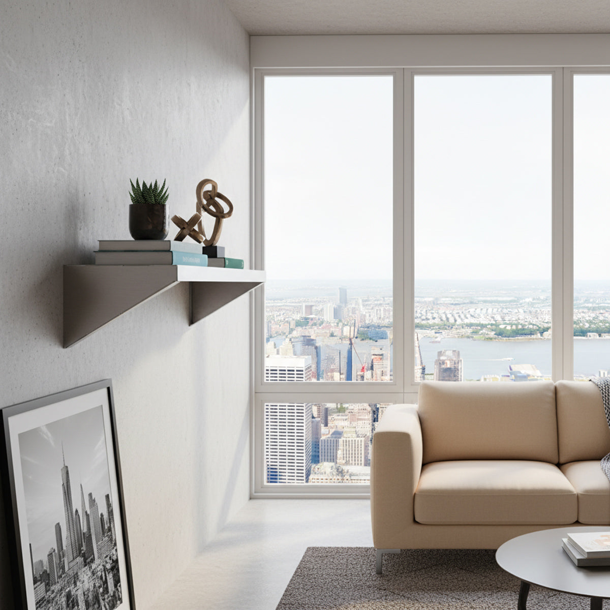 Precision-fit Vector shelf by Fig & Forge installed in a high-rise living room wall, showcasing the sleek industrial profile and architectural finish