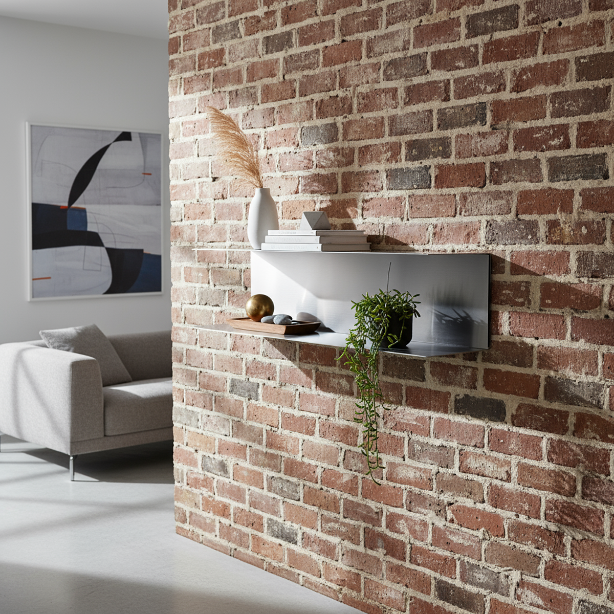 Handcrafted brushed metal two-tier floating shelf by Fig & Forge installed on a rustic red brick wall for a minimalist vintage design look