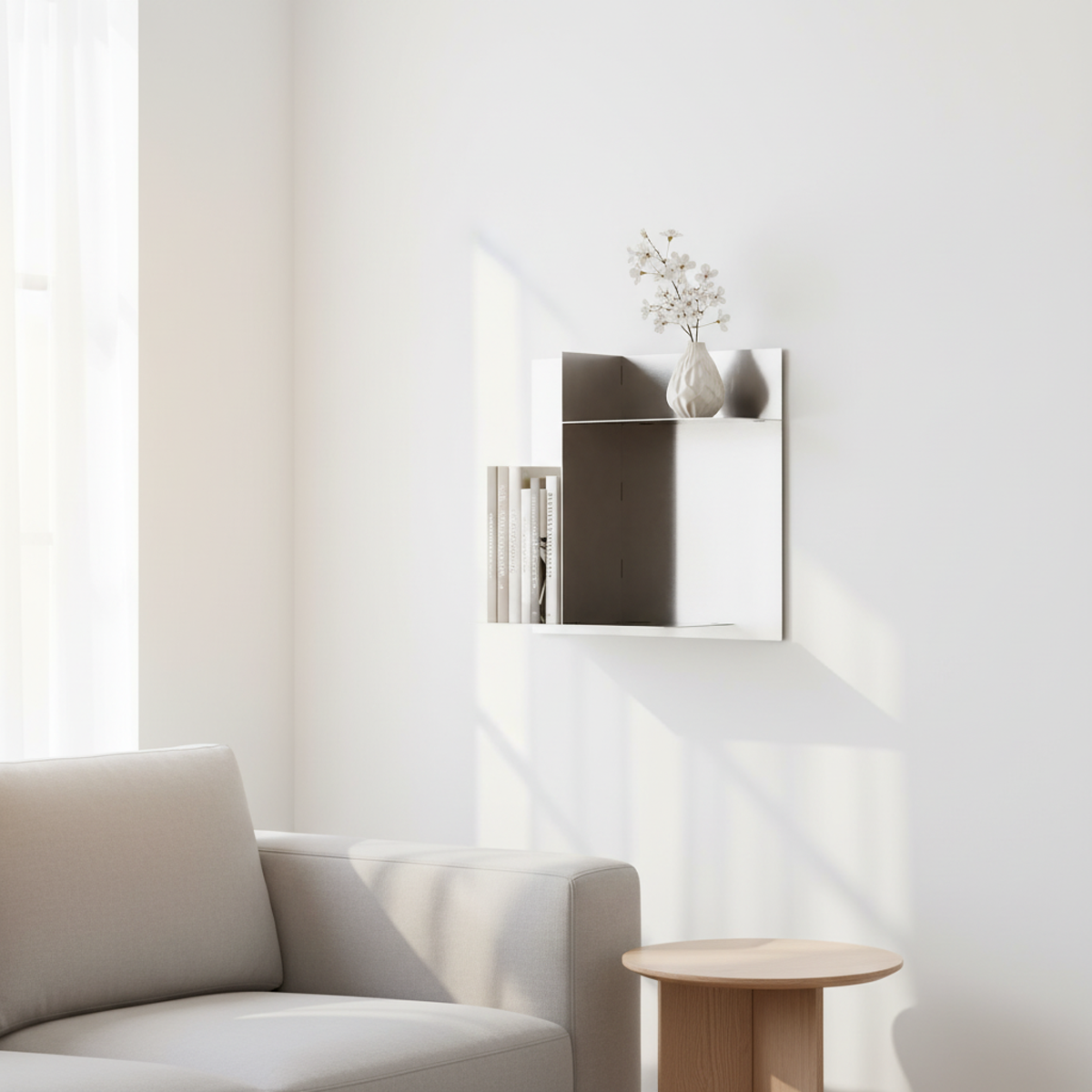 Custom-length stainless steel panel display shelf by Fig & Forge installed in a minimalist living room, featuring a low-profile geometric design for architectural decor