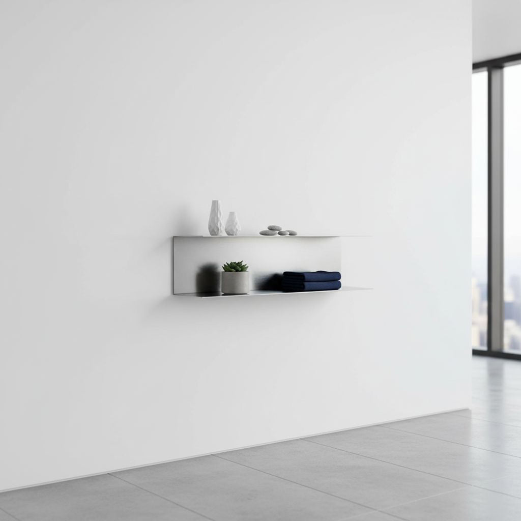 Custom two-tier floating shelf by Fig & Forge in a bright minimalist modern living room setting, providing sleek dual-level architectural design storage