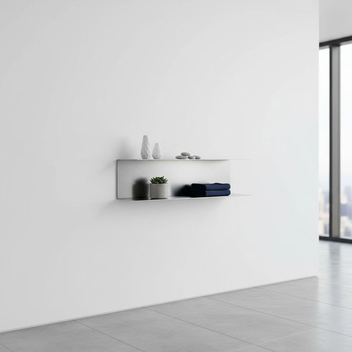 Custom two-tier floating shelf by Fig & Forge in a bright minimalist modern living room setting, providing sleek dual-level architectural design storage