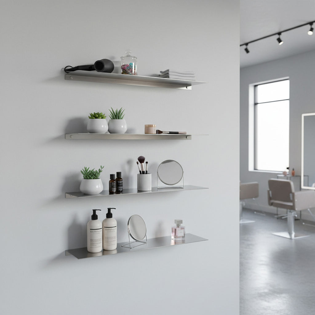 Set of four stainless steel metal floating shelves by Fig & Forge installed in a luxury hair salon for professional product organization and studio