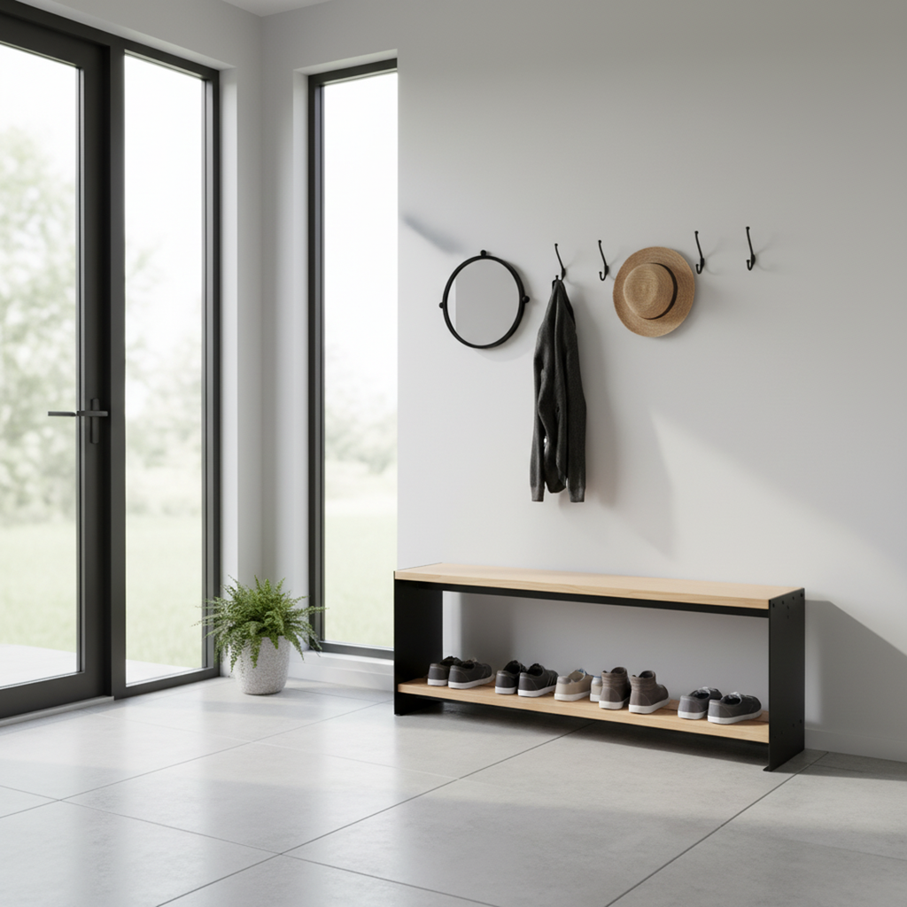 Modern minimalist entryway with glass doors featuring a Fig & Forge mudroom bench with shoes organized on the integrated lower shelf for a neat hallway
