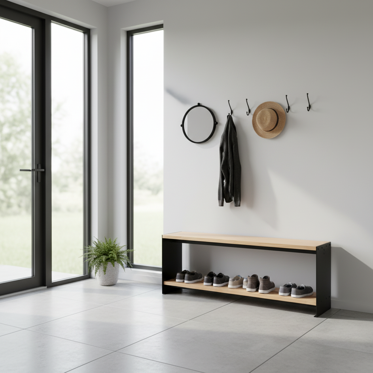 Modern minimalist entryway with glass doors featuring a Fig & Forge mudroom bench with shoes organized on the integrated lower shelf for a neat hallway