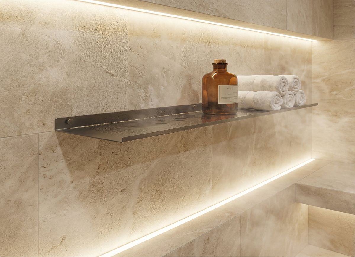 Luxury spa bathroom with integrated LED lighting and a custom rust-proof stainless steel floating shelf for high-end towel and amenity storage