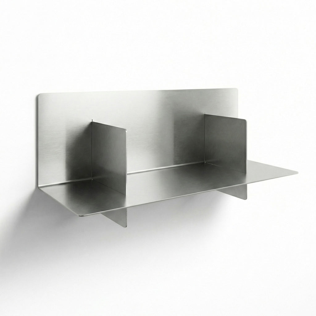 Close-up perspective of the Axis metal shelf by Fig & Forge, showing the precision-fit vertical panels that intersect the horizontal shelf for a balanced geometric look