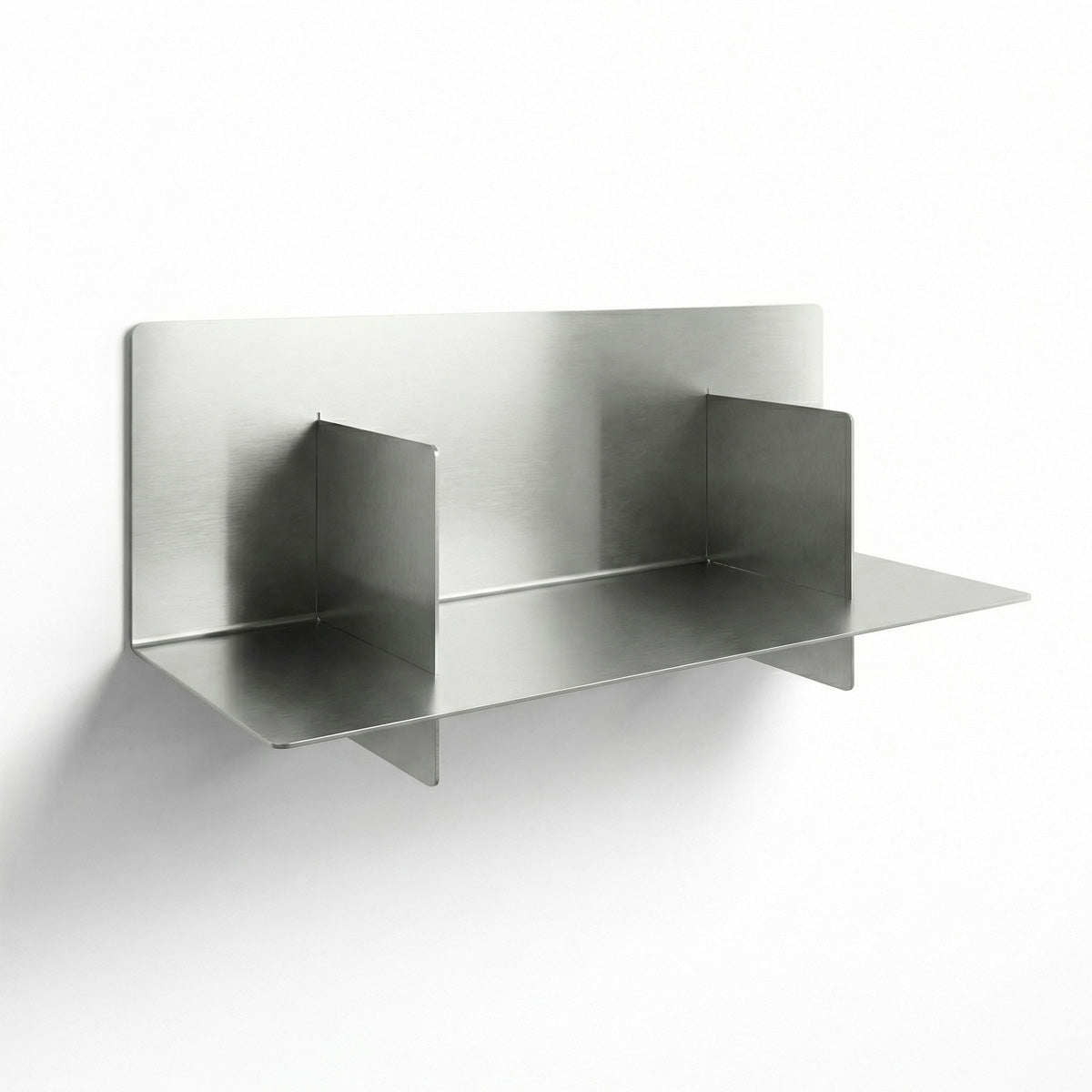 Close-up perspective of the Axis metal shelf by Fig & Forge, showing the precision-fit vertical panels that intersect the horizontal shelf for a balanced geometric look