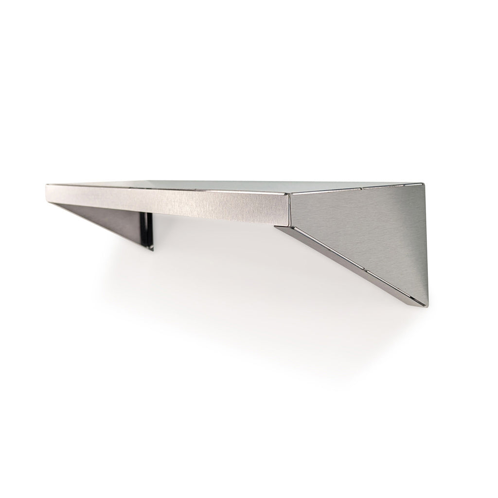 Side perspective of a custom-length Vector metal shelf by Fig & Forge, demonstrating the heavy-duty reinforced side gussets and industrial-grade finish