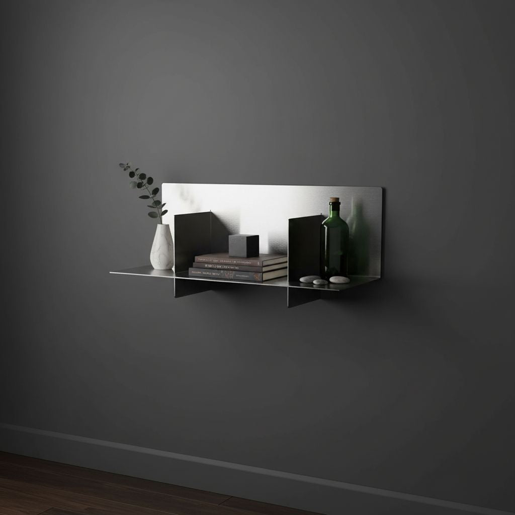 Custom Axis stainless steel shelf by Fig & Forge featuring intersecting vertical dividers on a charcoal wall, styled with books and minimalist decor