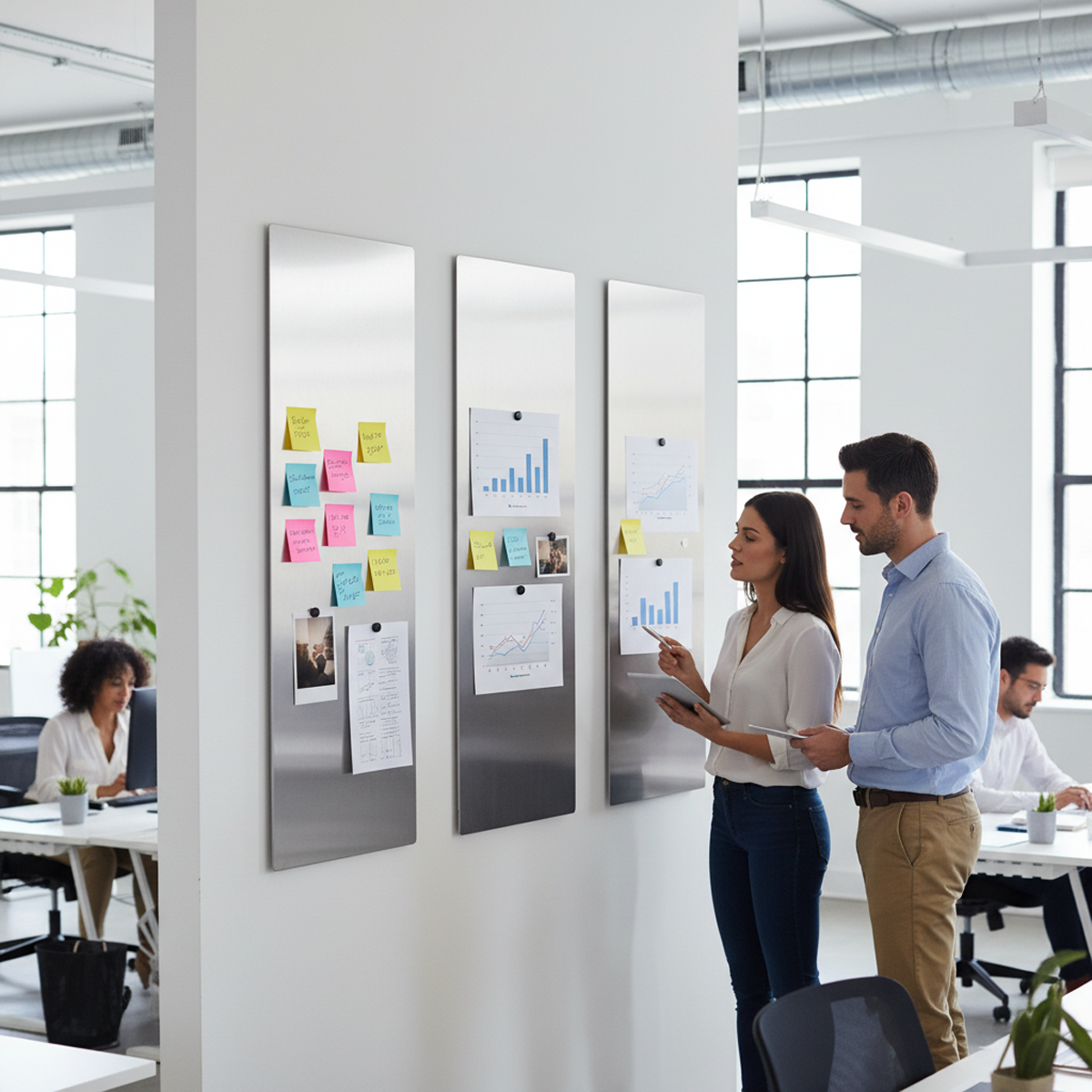 Three vertical floating magnetic stainless steel boards by Fig & Forge installed in a modern open-plan office for team collaboration and memo display