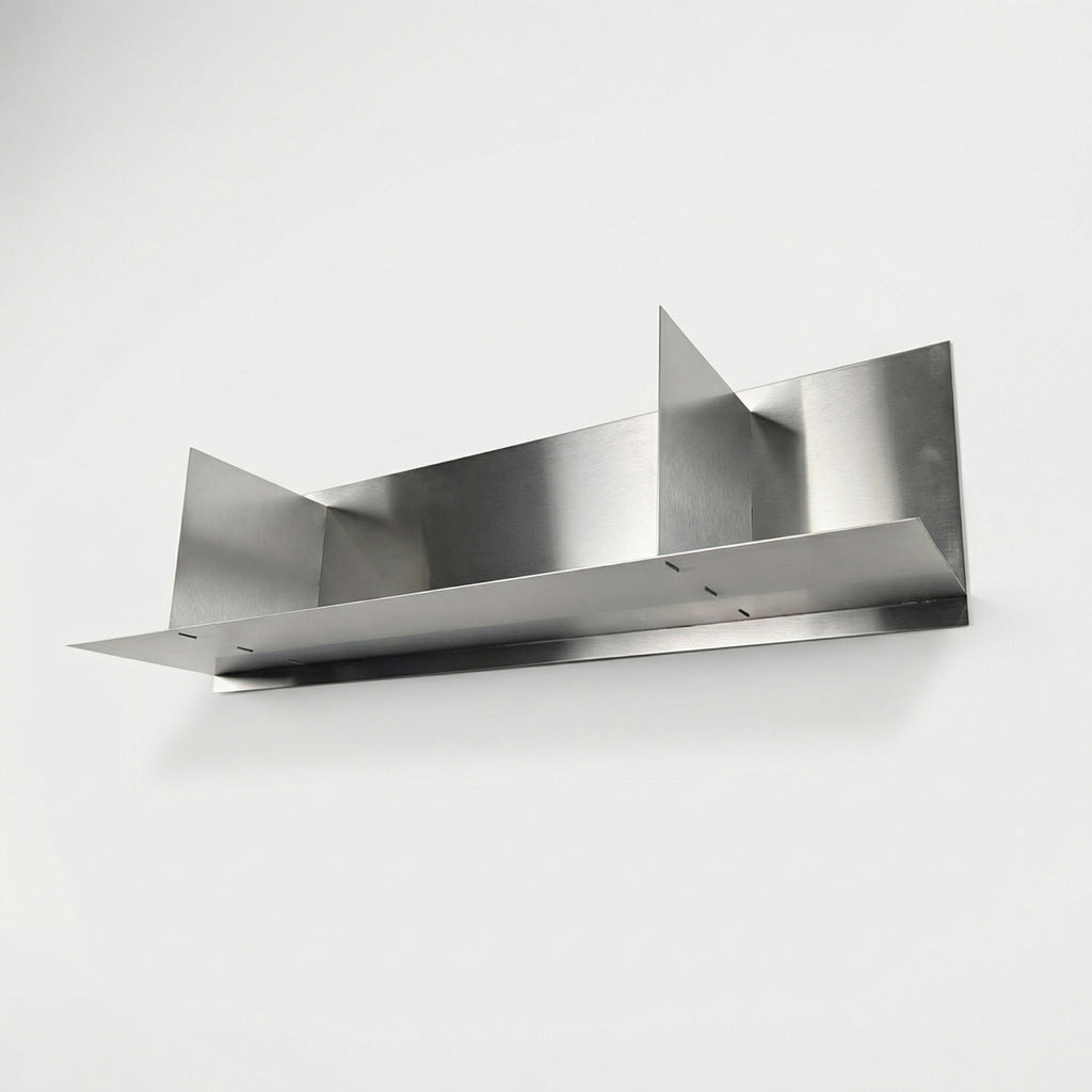 Upward perspective of a made-to-measure stainless steel divider shelf by Fig & Forge, showing the pre-drilled mounting holes for a secure, ready-to-hang installation