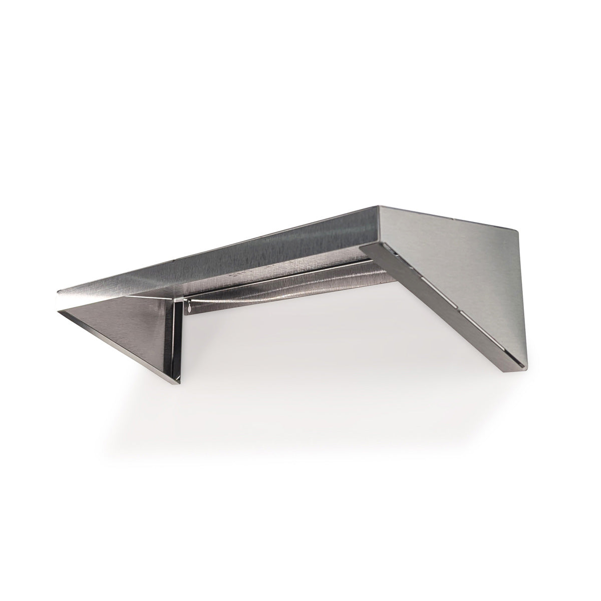 Upward architectural angle of the Vector custom stainless steel shelf, showcasing the solid triangular gussets designed for high-weight capacity and stability