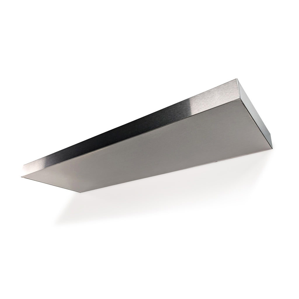 Underneath view of a custom-length stainless steel floating shelf by Fig & Forge, showing the seamless brushed metal finish and thick-profile for strong design