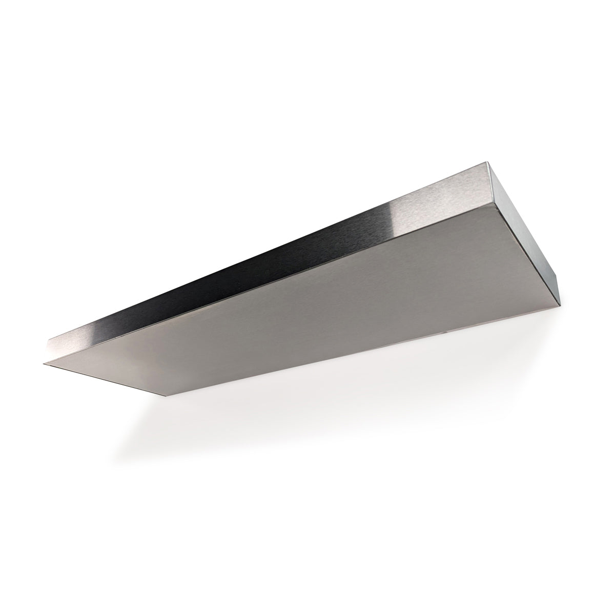 Underneath view of a custom-length stainless steel floating shelf by Fig & Forge, showing the seamless brushed metal finish and thick-profile for strong design