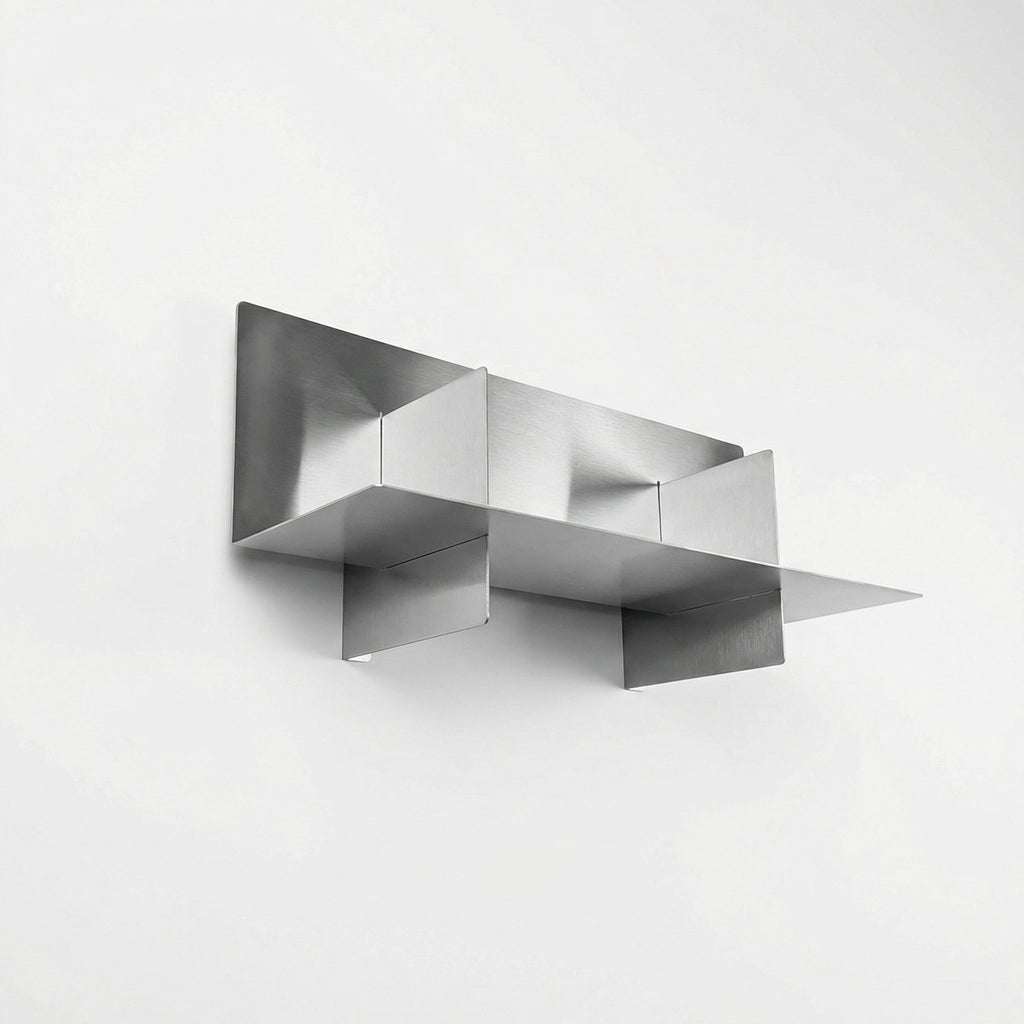 Upward architectural angle of the Fig & Forge Axis shelf, showcasing the intersecting panel design and pre-drilled holes for a secure, flush wall mount