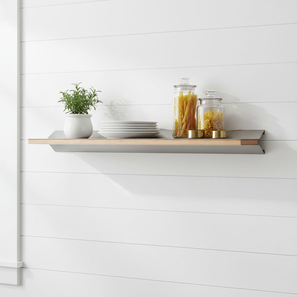 Custom Wood-Inlay Floating Shelf by Fig & Forge used as minimalist pantry organization and decor